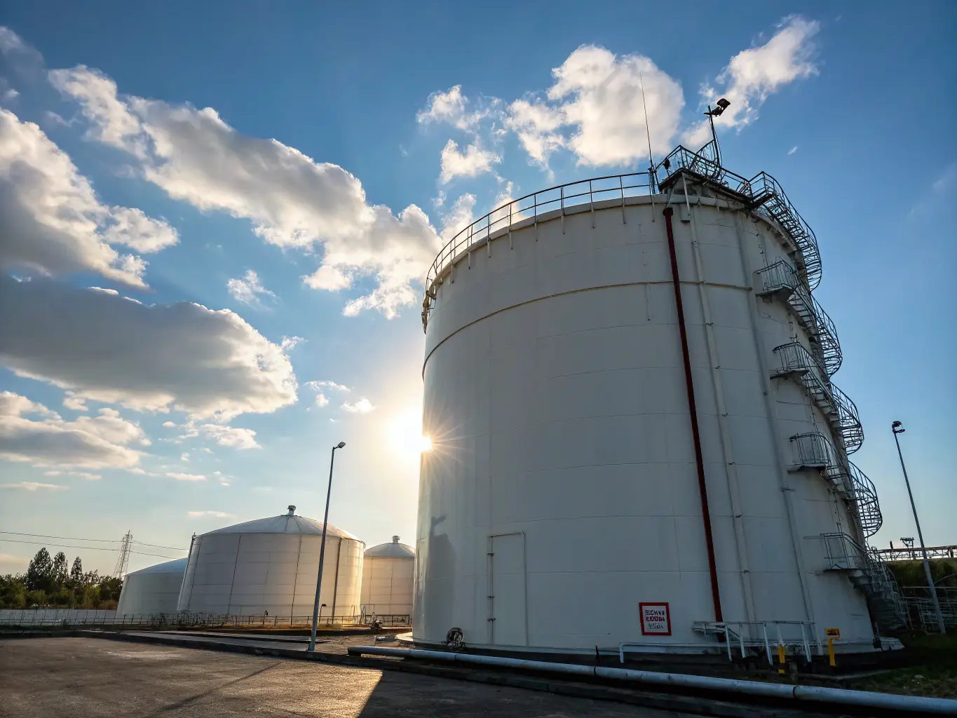 Storage tank for liquefied natural gas with a clear blue sky.