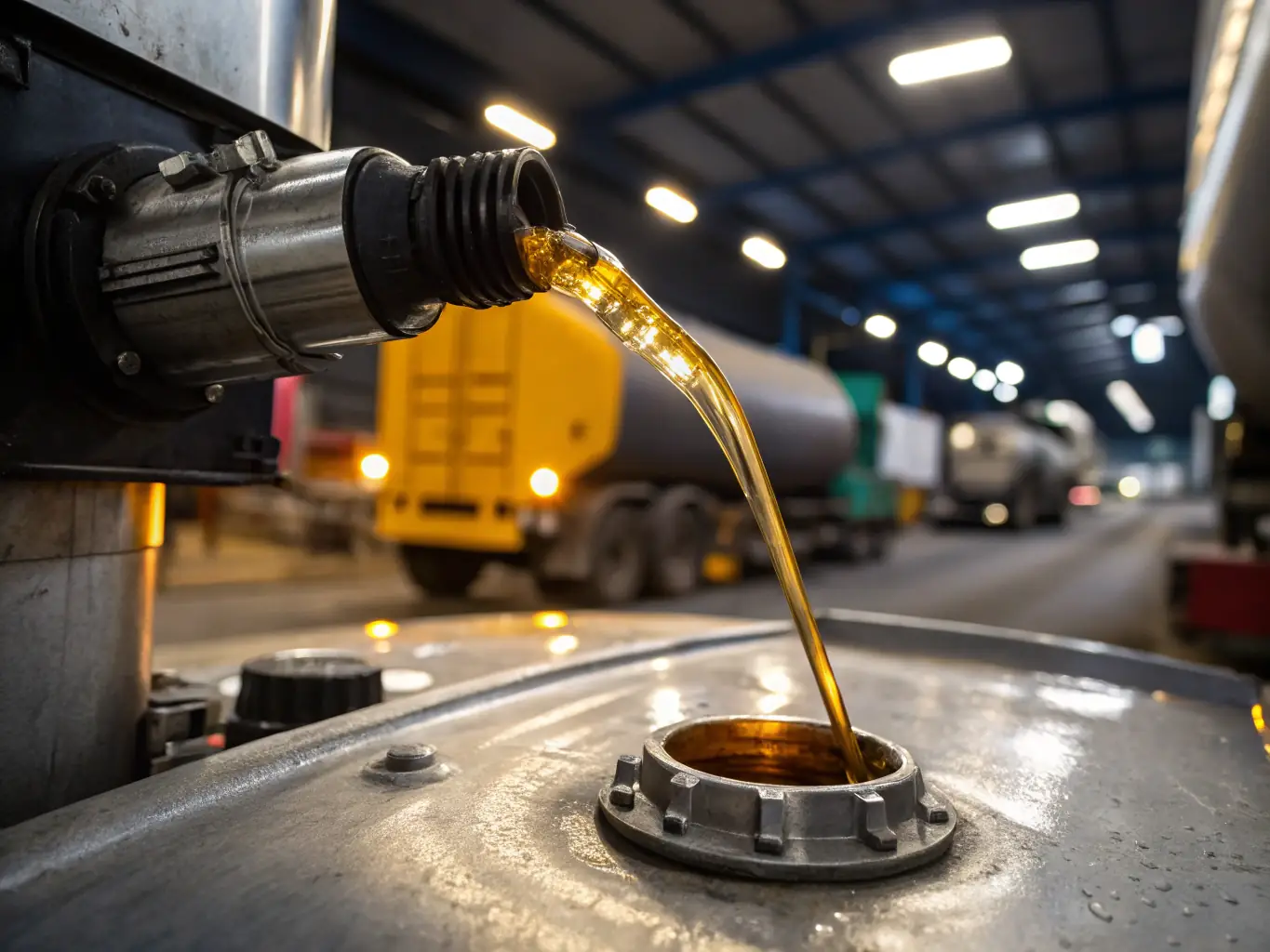 Close-up of EN590 diesel fuel being poured into a tank.