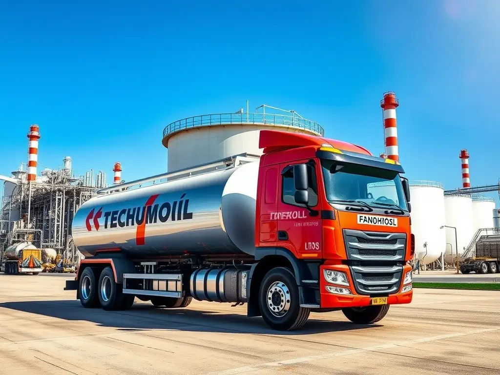 Fuel tanker truck at TECHNOLOGYALEMOIL refinery transporting EN590 diesel fuel.
