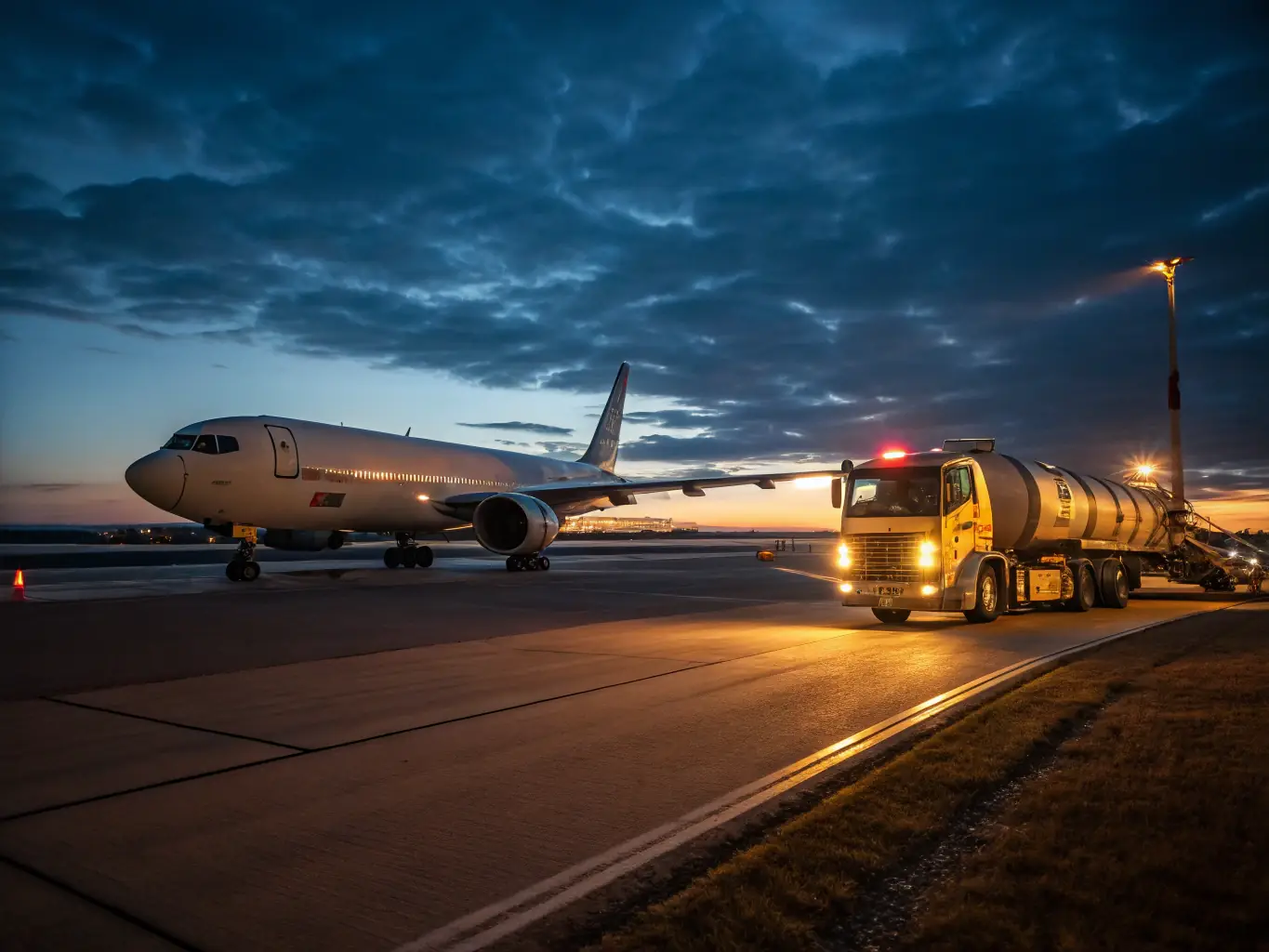 An aircraft being refueled at an airport during dusk.