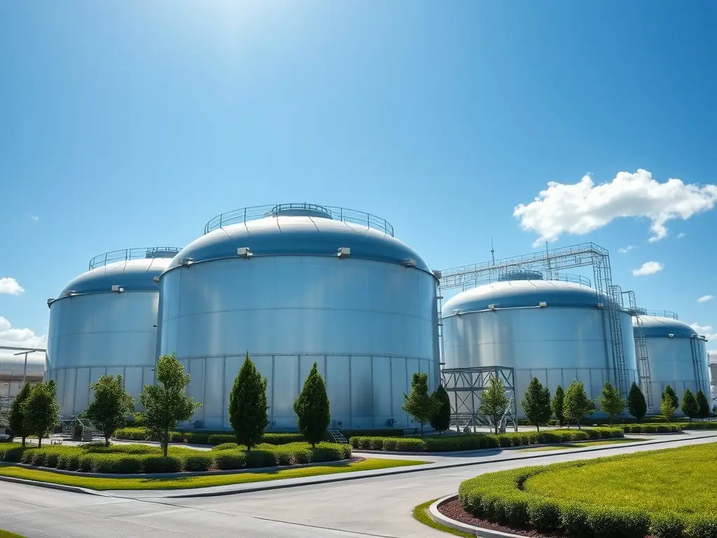 LNG storage tanks at a TECHNOLOGYALEMOIL facility under a clear blue sky.